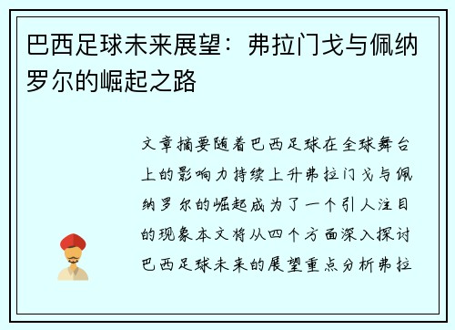 巴西足球未来展望：弗拉门戈与佩纳罗尔的崛起之路