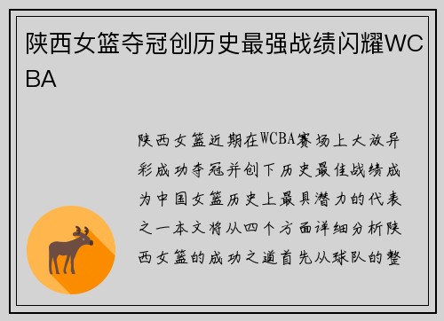 陕西女篮夺冠创历史最强战绩闪耀WCBA